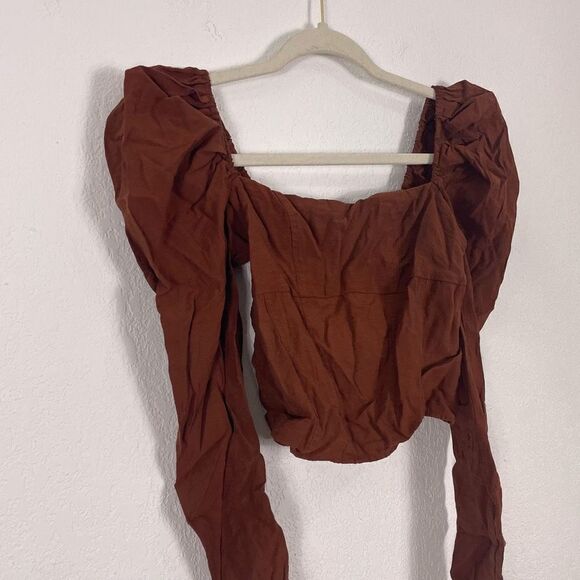 Abercrombie & Fitch Brown Puff Shoulder Long Sleeve Cropped Top - Picture 4 of 6